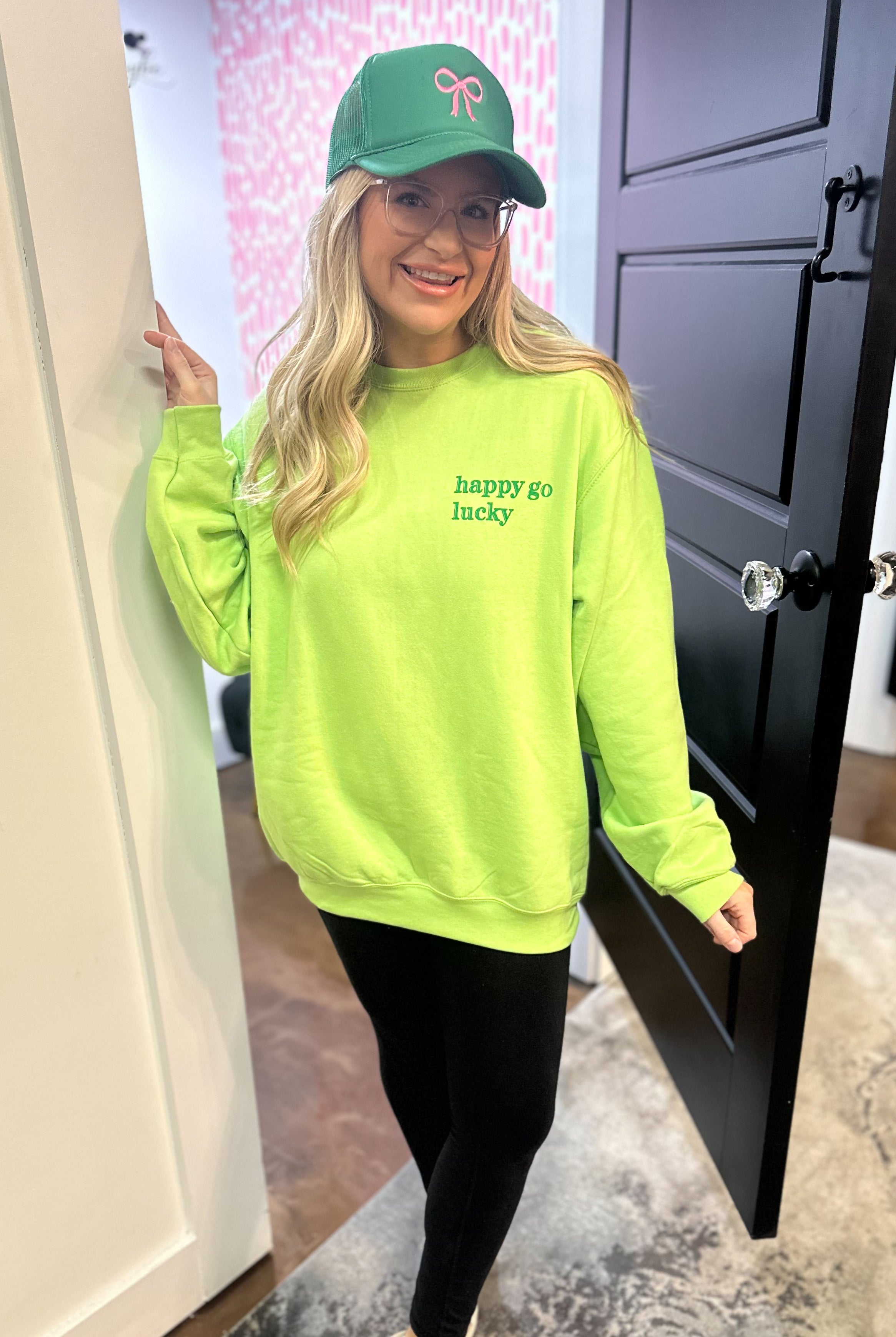 Happy Go Lucky Long Sleeve Graphic Sweatshirt - Be You Boutique