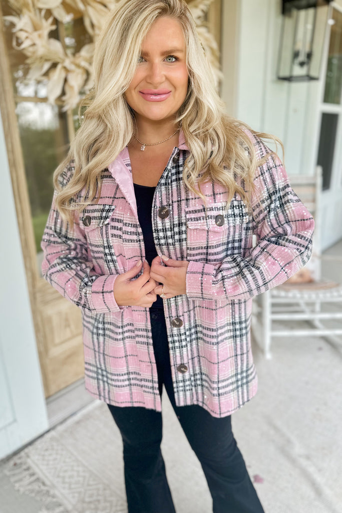 Jerry Long Sleeve Pink Plaid Sequin Shirt Jacket - Be You Boutique