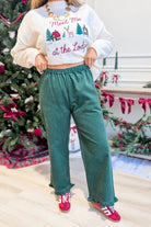 Wishlist Riley Forest corduroy ruffle trim pants, stylish 156 pants with ruffle details, designed for a fashionable look.