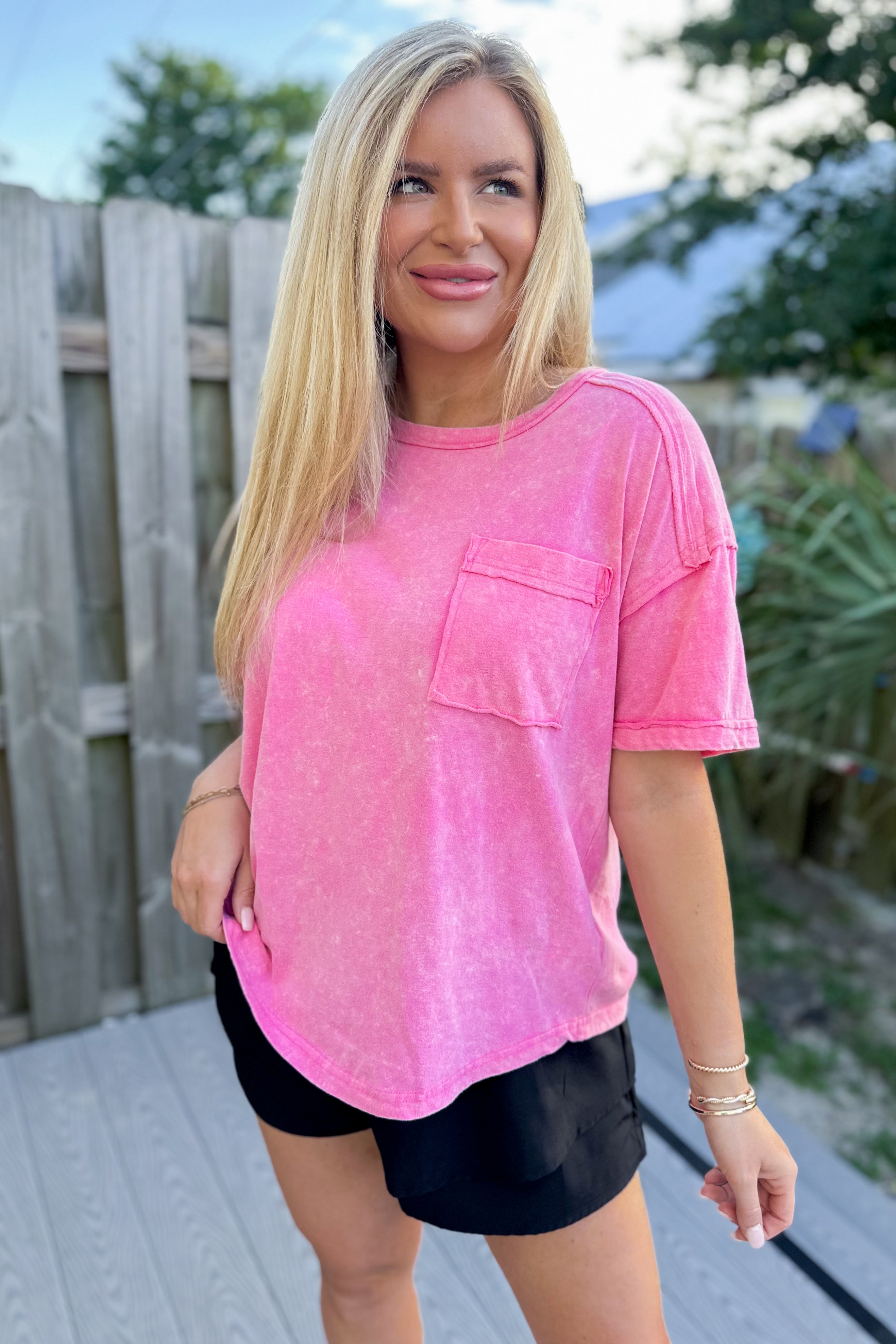 Clara Short Sleeve Washed Knit Pocket Tee - Be You Boutique