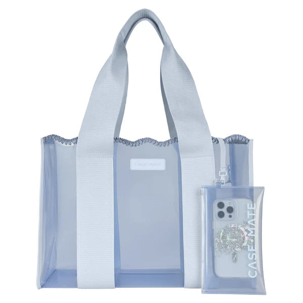 Casemate Jelly Tote in crochet wave Carolina Blue, a stylish accessory with a transparent, flexible design.