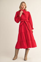 JODIFL Angela ruffle trim tie waist dress in a stylish, flowy design with ruffled details and a tie waist for an elegant look.
