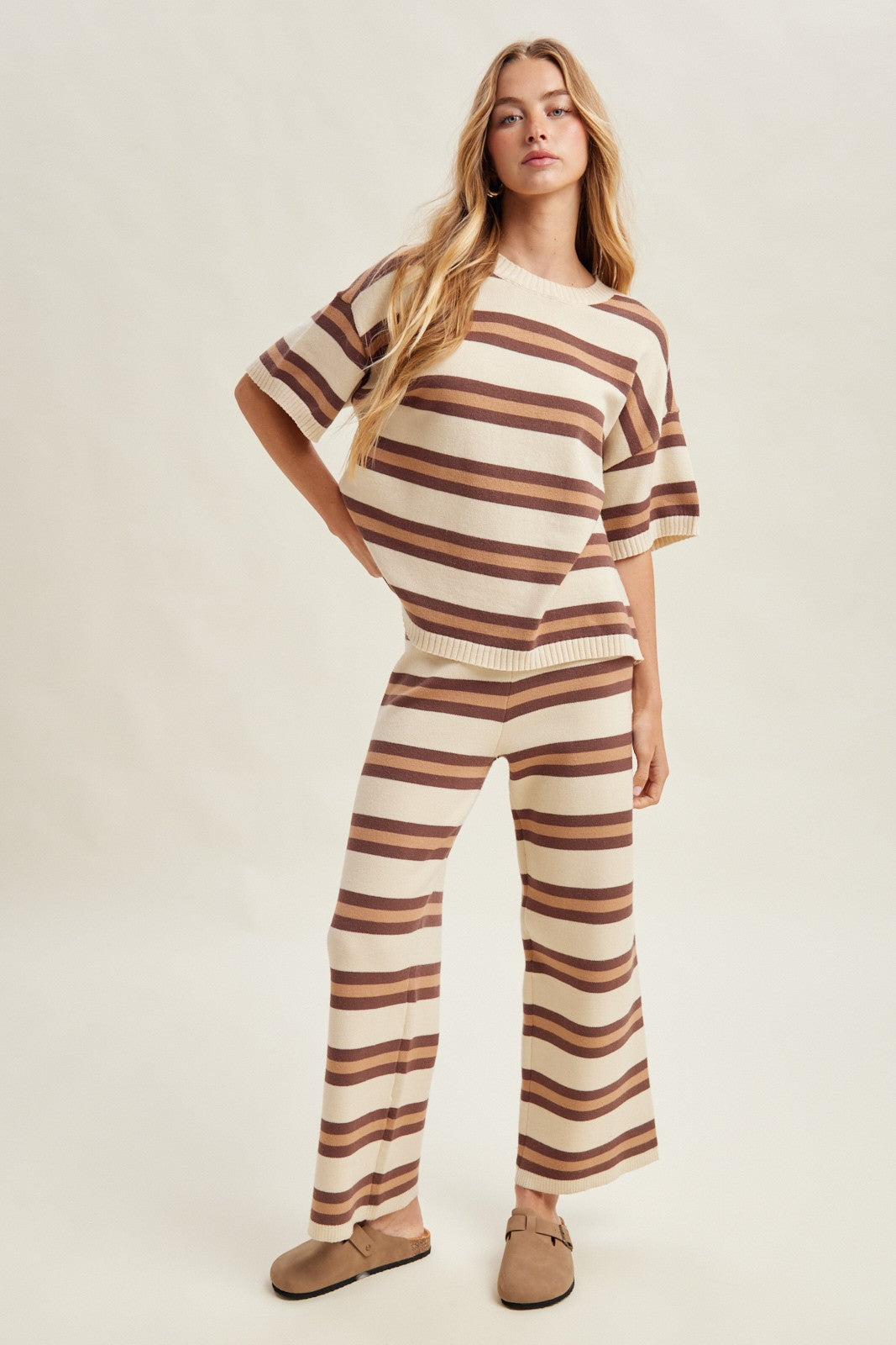 WISHLIST Nicole striped short sleeve pant set with matching 156 pants, featuring colorful horizontal stripes and a casual fit.