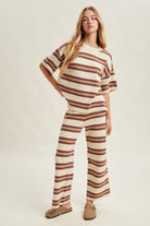 WISHLIST Nicole striped short sleeve pant set with matching 156 pants, featuring colorful horizontal stripes and a casual fit.