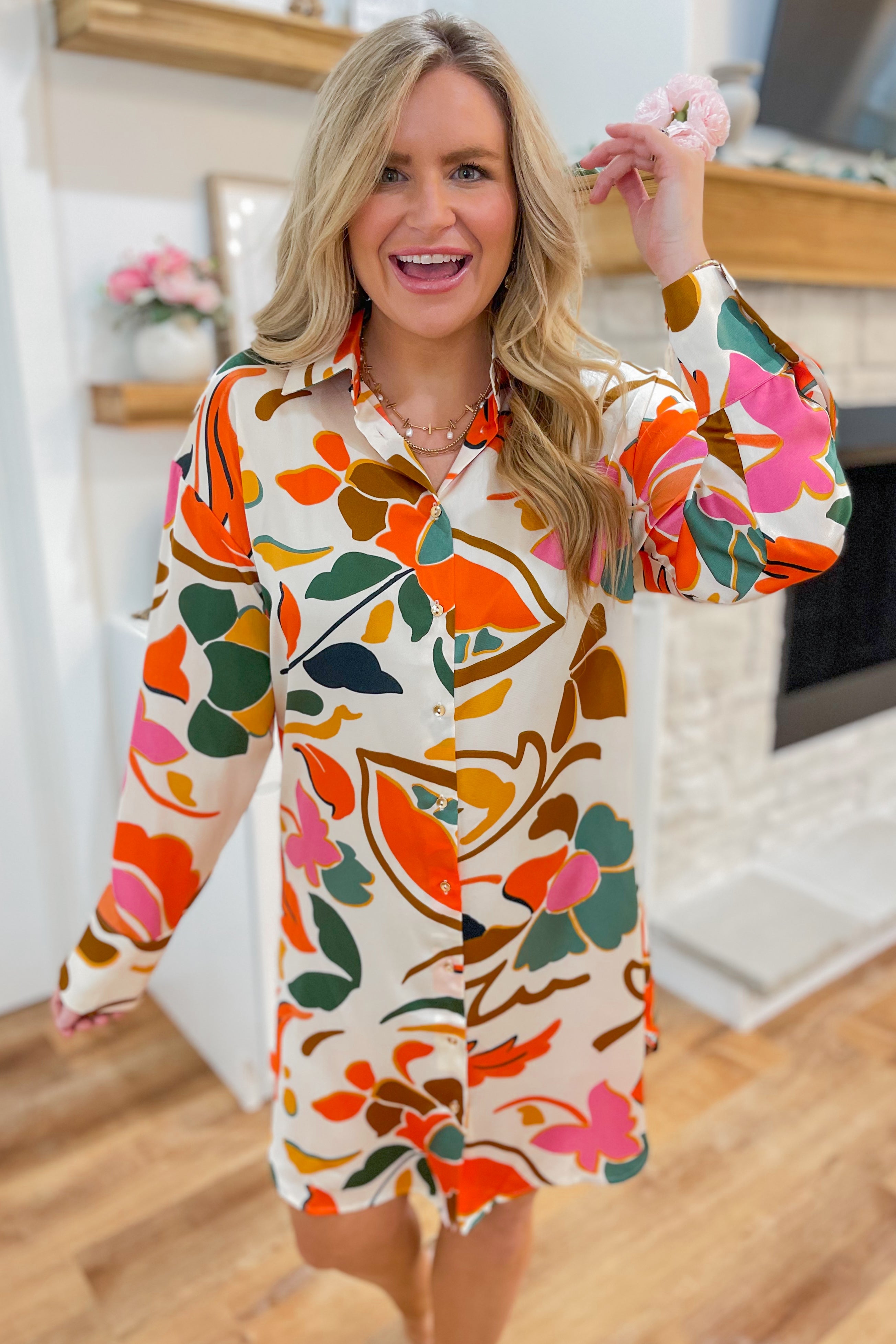 Tangi Printed Button Down Long Sleeve Dress - Be You Boutique