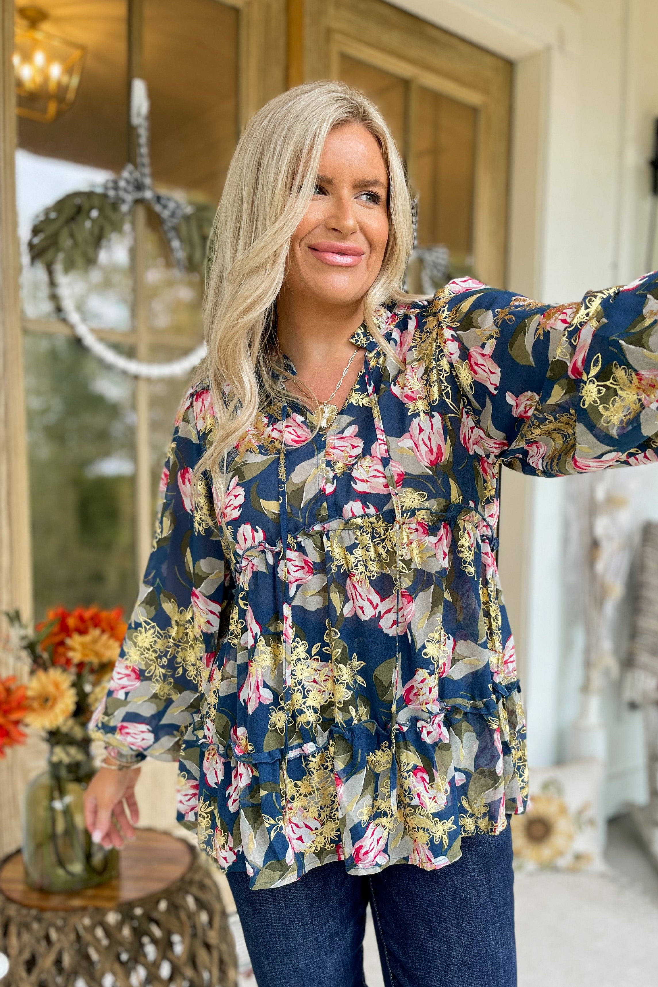 Barclay Gold Foil Floral Print Long Sleeve Top - Be You Boutique