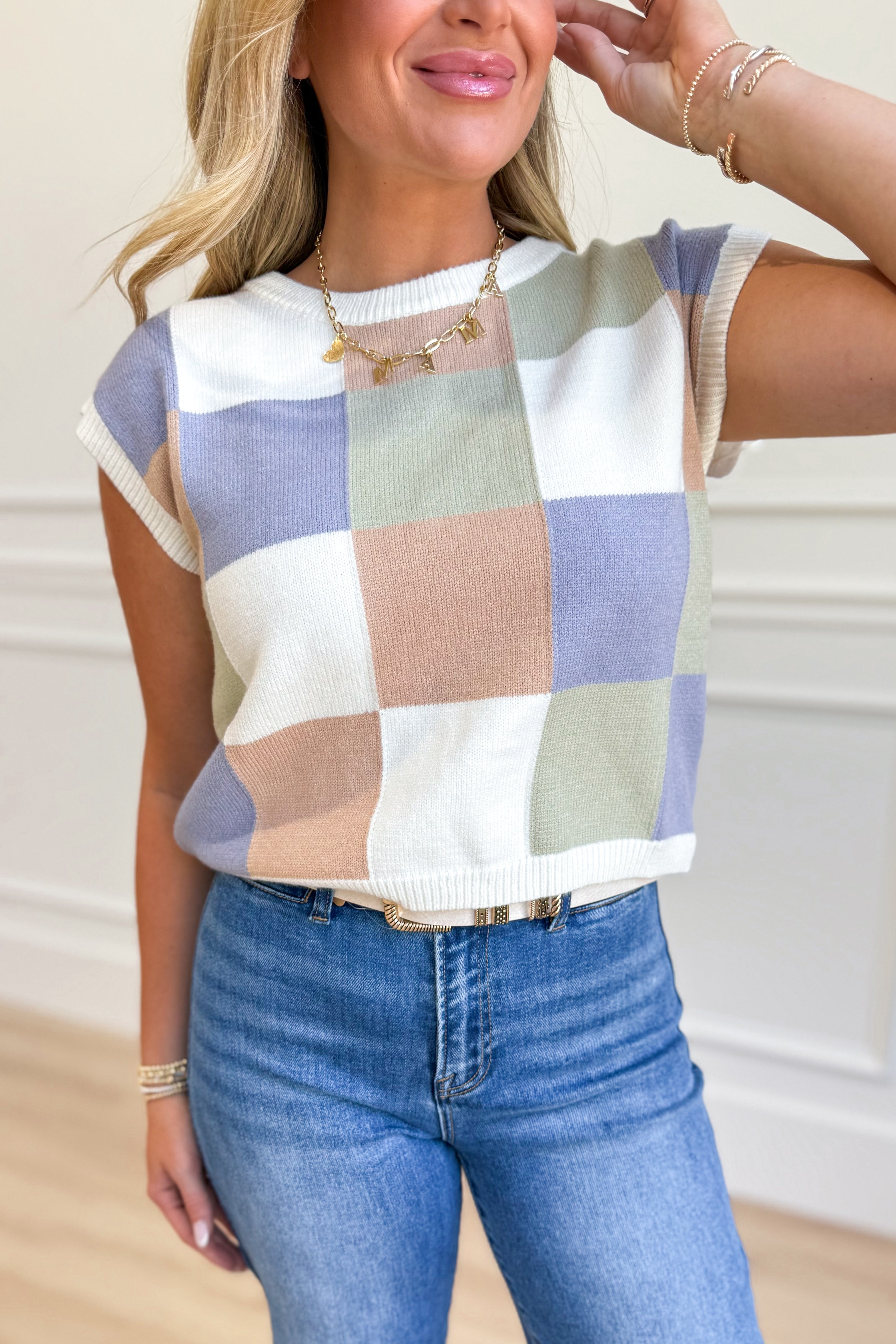 Beth Checkered Sleeveless Sweater Top - Be You Boutique