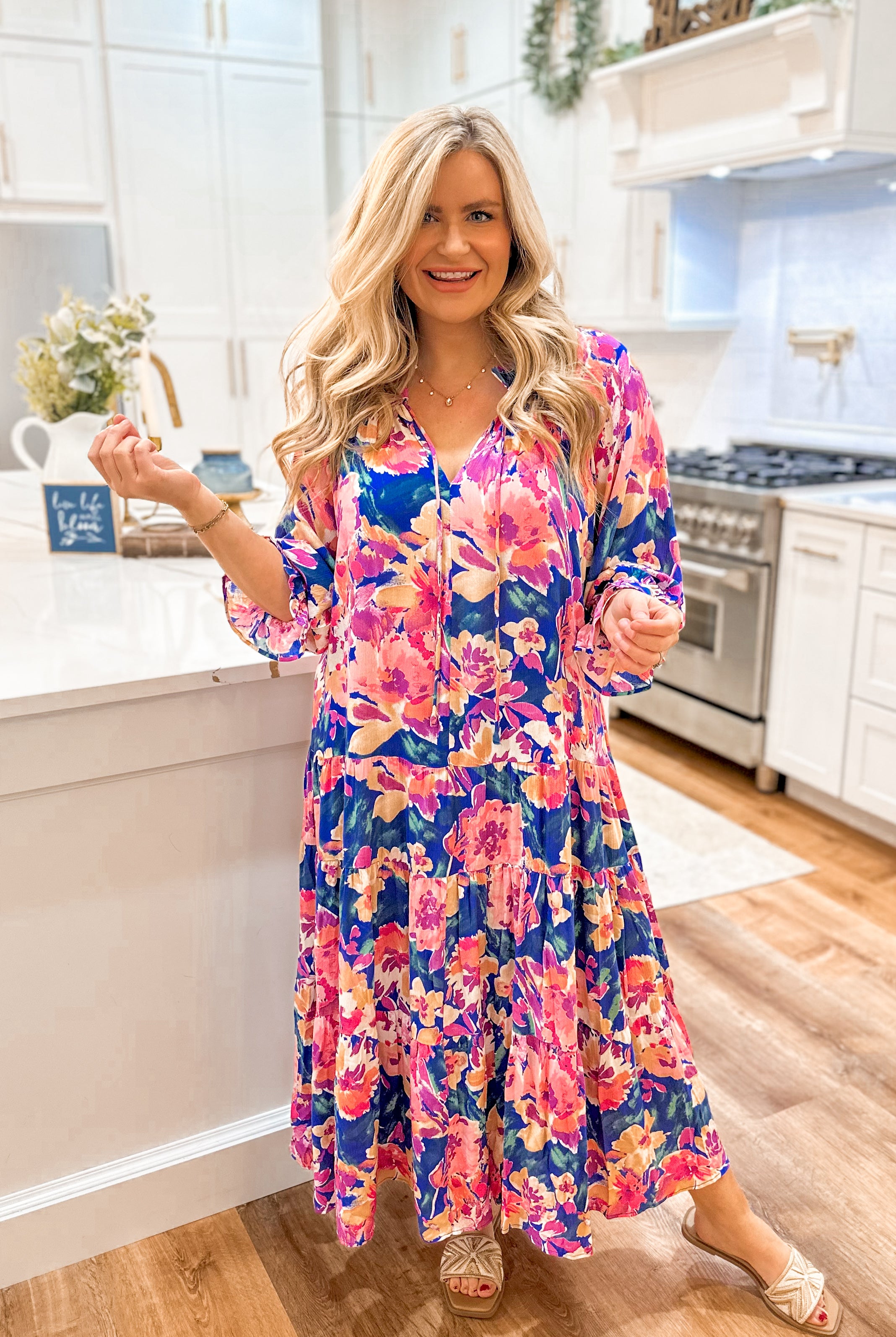 Mandy 3/4 Sleeve Flowy Floral Print Dress - Be You Boutique