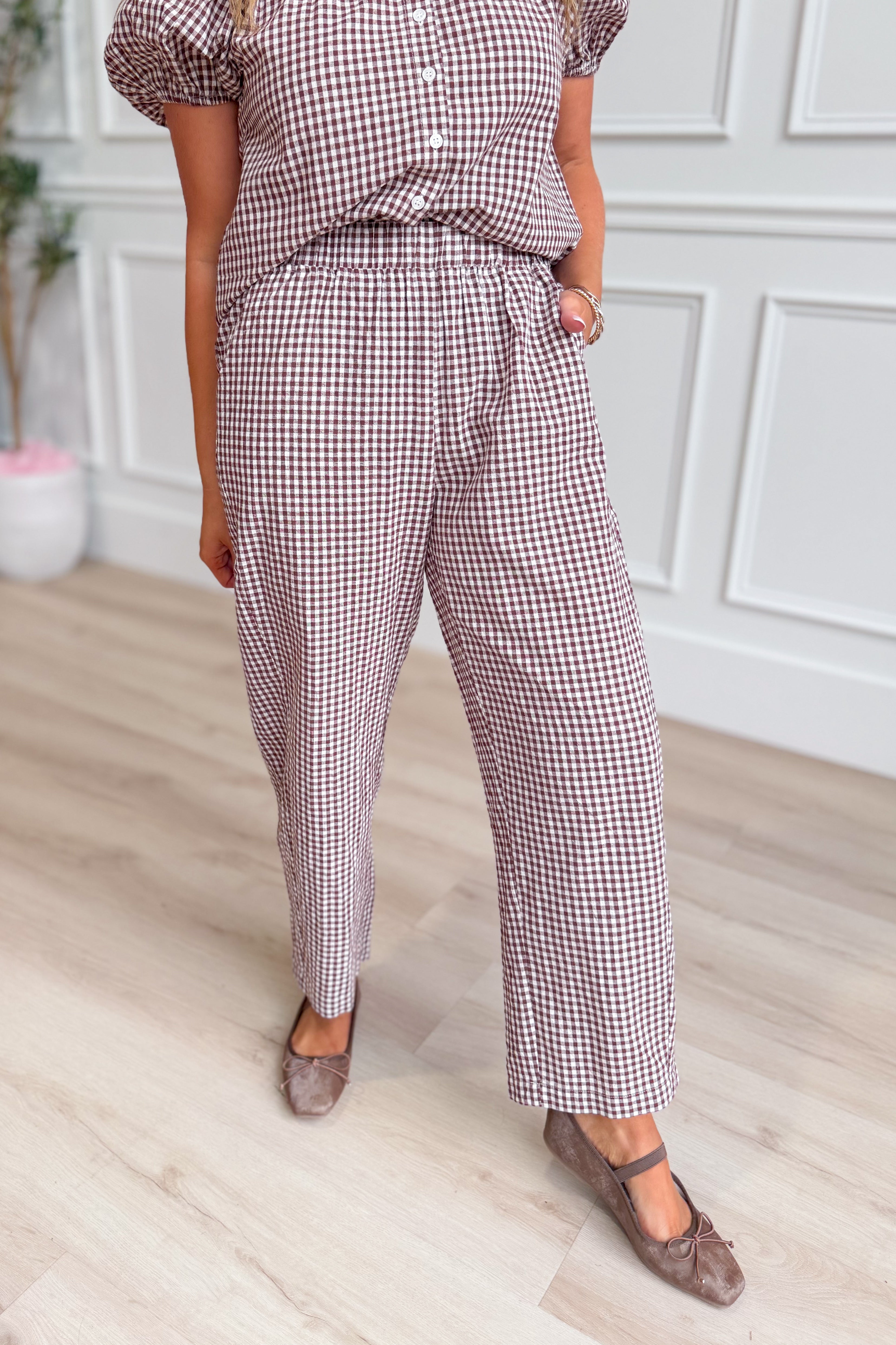 TWENTIFOURTH Linus Espresso Gingham Straight Leg Pants, 156 pants with a classic gingham pattern and tailored fit