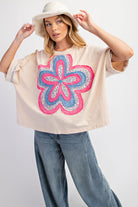 SPRING2025 Hattie Flower Patch Washed Cotton Slub Short Sleeve Top - Be You Boutique