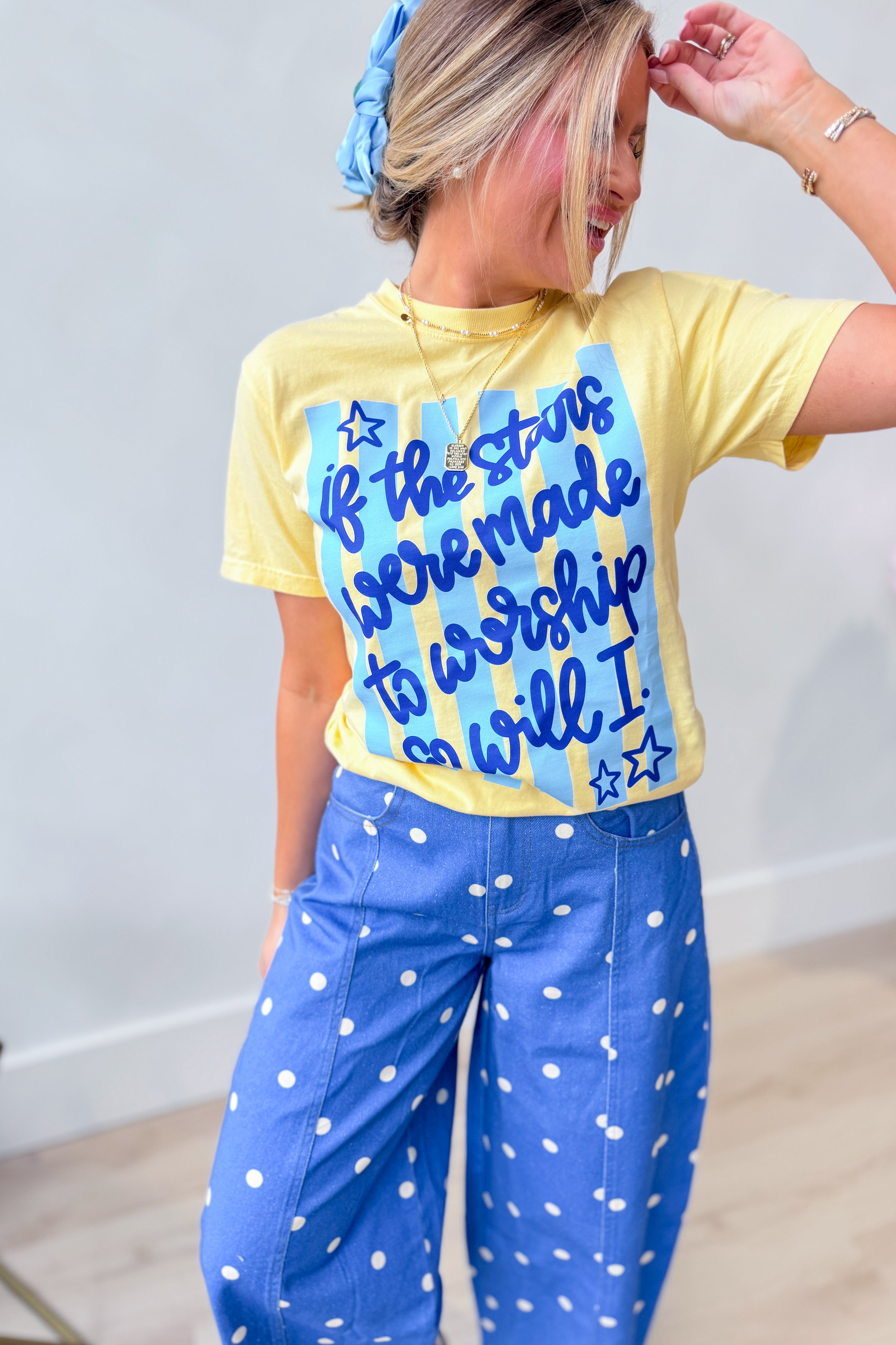 DASH FORWARD Stars Were Made To Worship graphic T-shirt featuring star designs and bold text on a casual cotton tee.