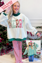 Reversible green sweatshirt with striped and graphic design from PEACH LOVE, featuring festive holiday patterns and cozy fabric.