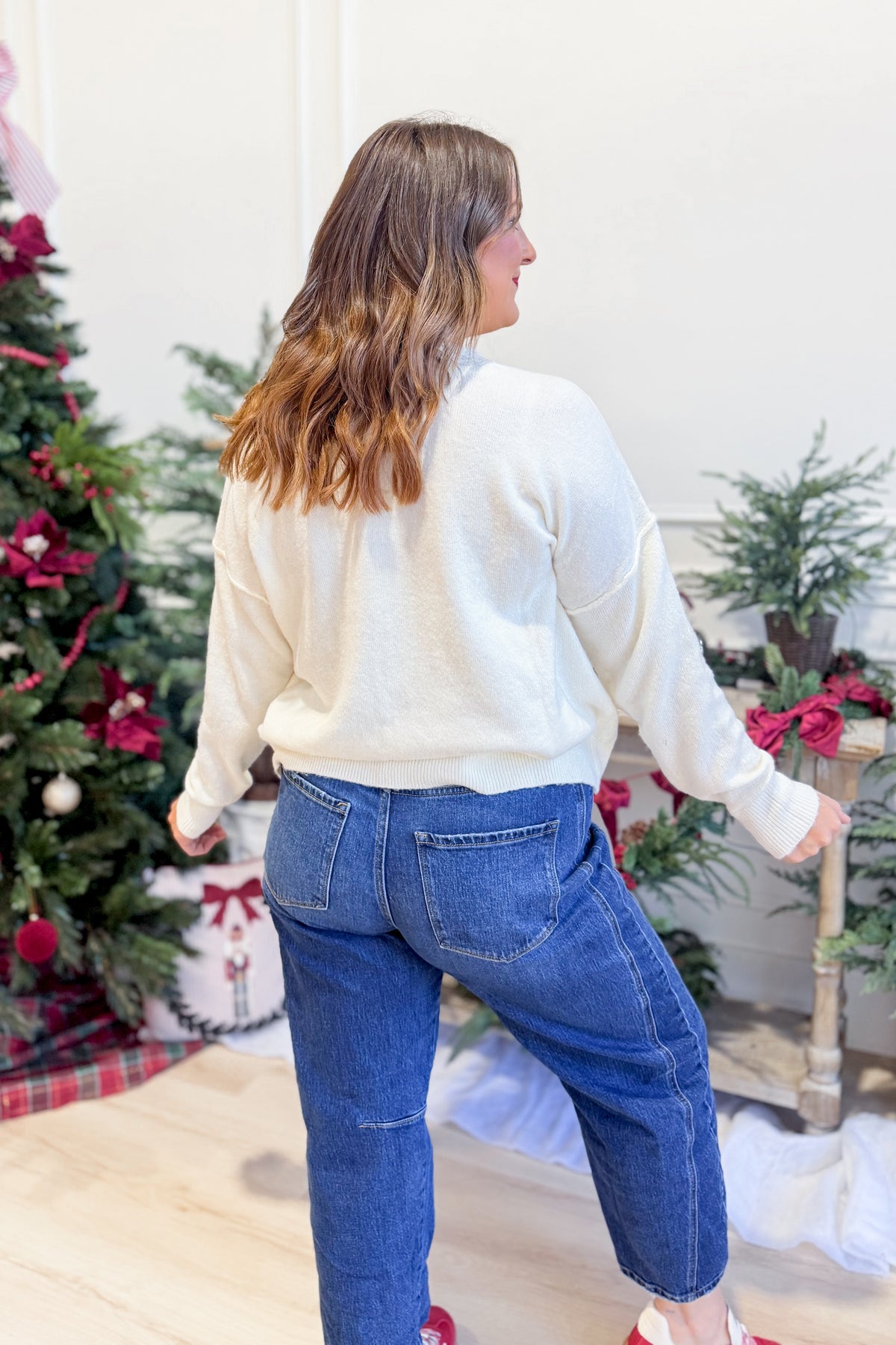 Wishlist Lottie Merry cursive holiday sweater in seasonal knit fabric, front view