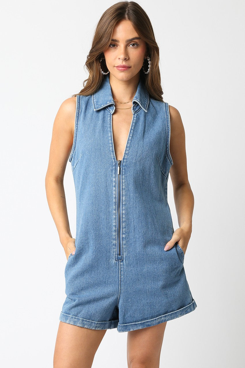 Barbara Zip Up Denim Romper - Be You Boutique