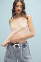 Wishlist Cara Vanilla Striped Casual Tank Top, sleeveless with beige and white stripes, lightweight and comfortable for everyday wear.