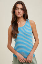 Wishlist Cara Blue striped casual tank top with thin straps and relaxed fit, displayed on a hanger.