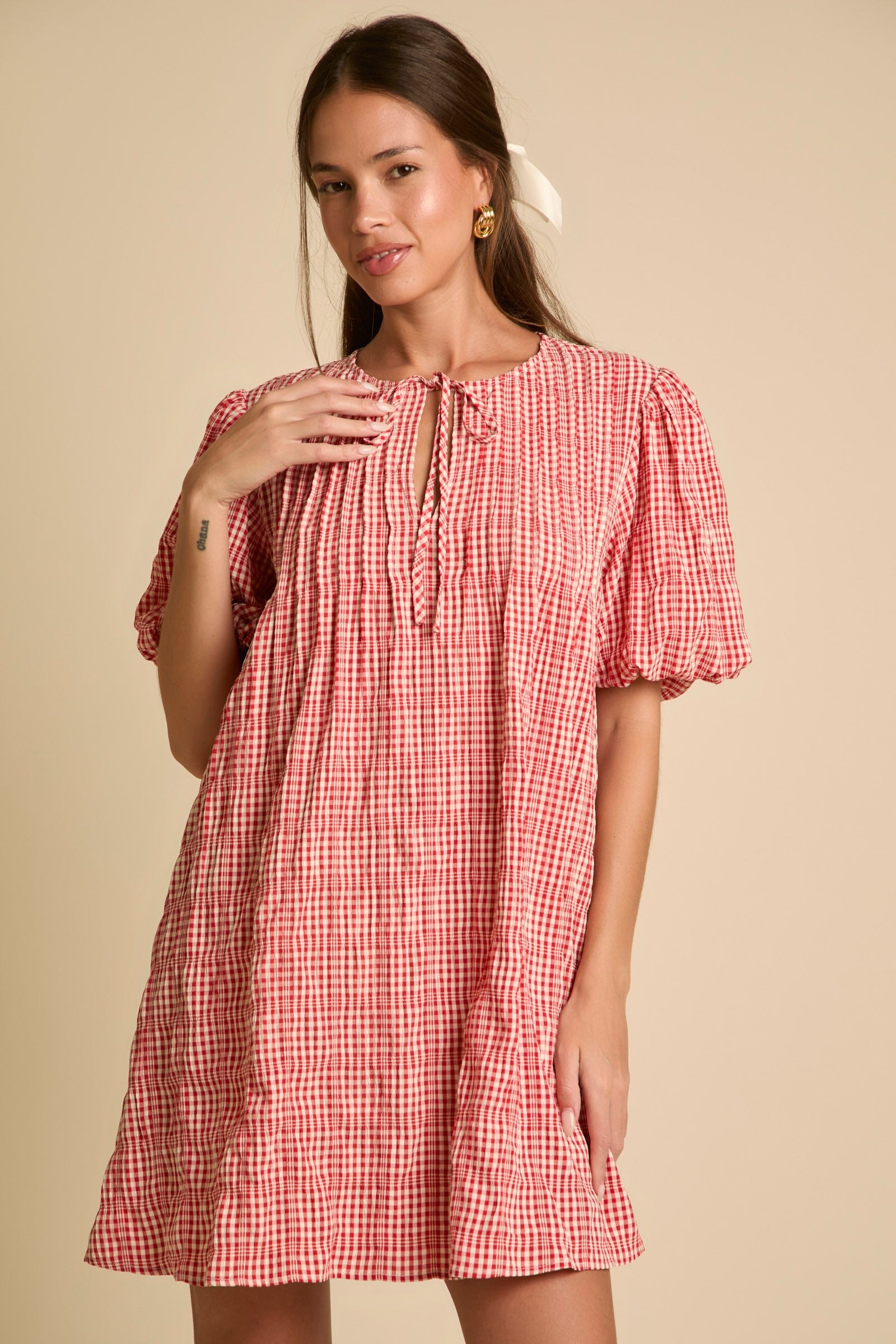 Carlie Plaid Printed Puff Sleeve Dress - Be You Boutique