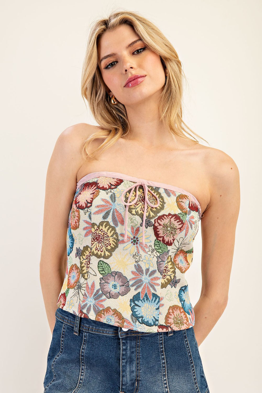 Lindy Strapless Floral Tapestry Top - Be You Boutique