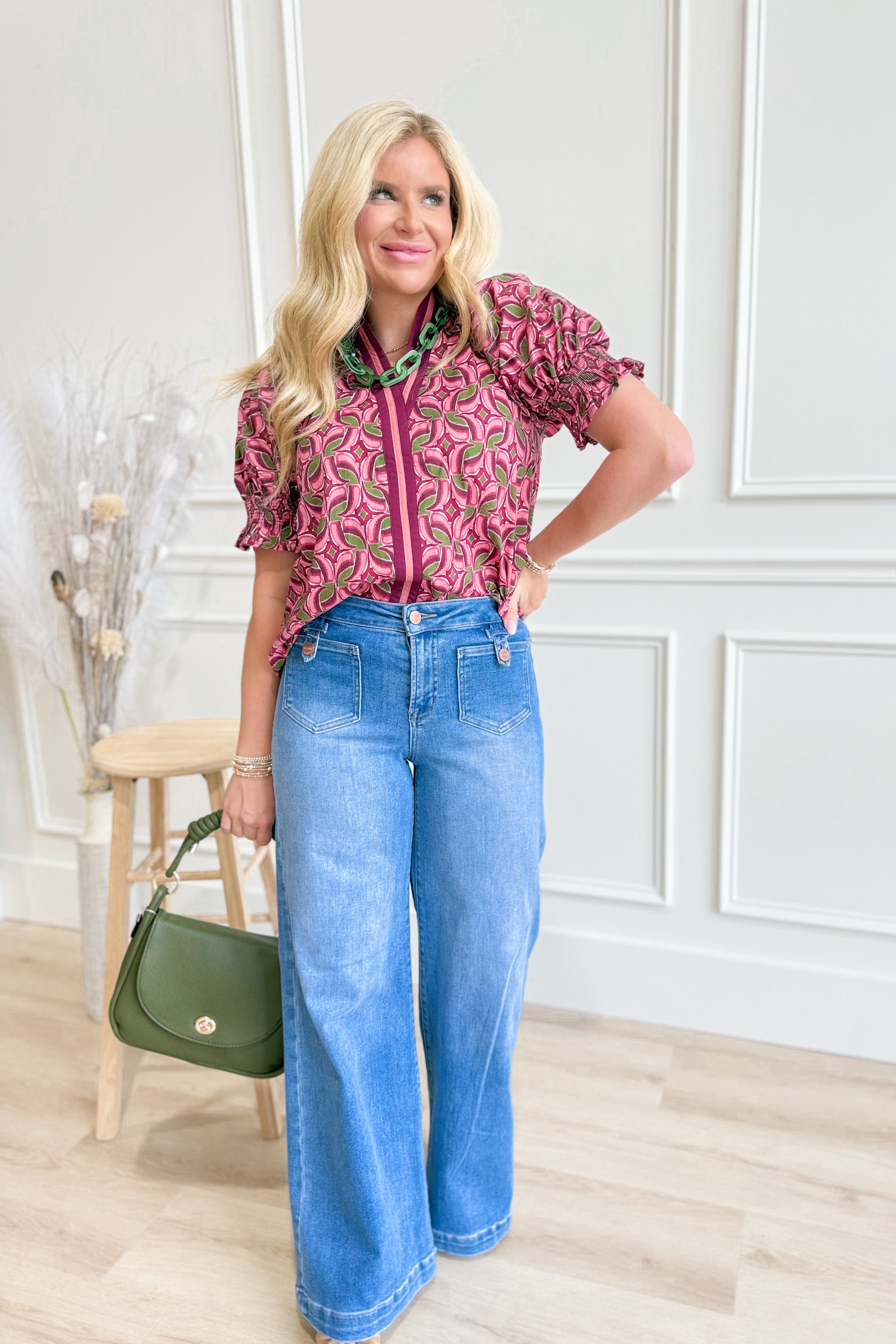 Laura Abstract Pattern Smocked Cuff Top - Be You Boutique