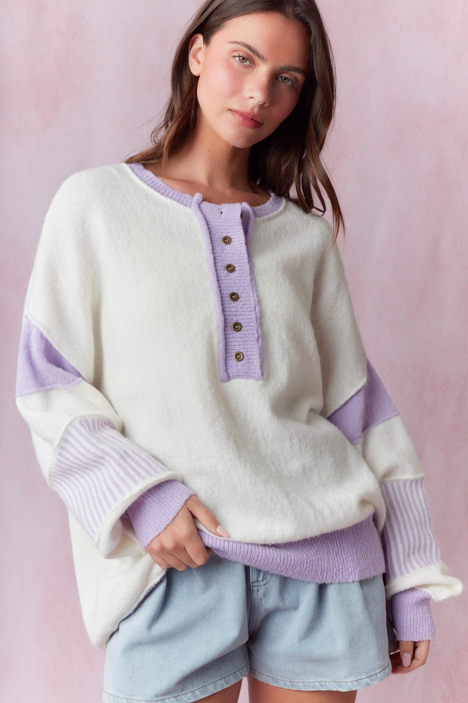 Morgan Color Contrast Oversized Placket Sweater - Be You Boutique
