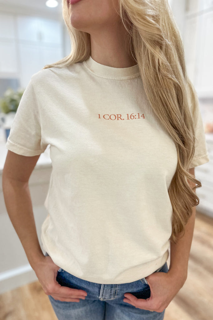 1 cor. 16:14 Love  Bow Stacks Short Sleeve Comfort Colors Crew Neck Tee - Be You Boutique