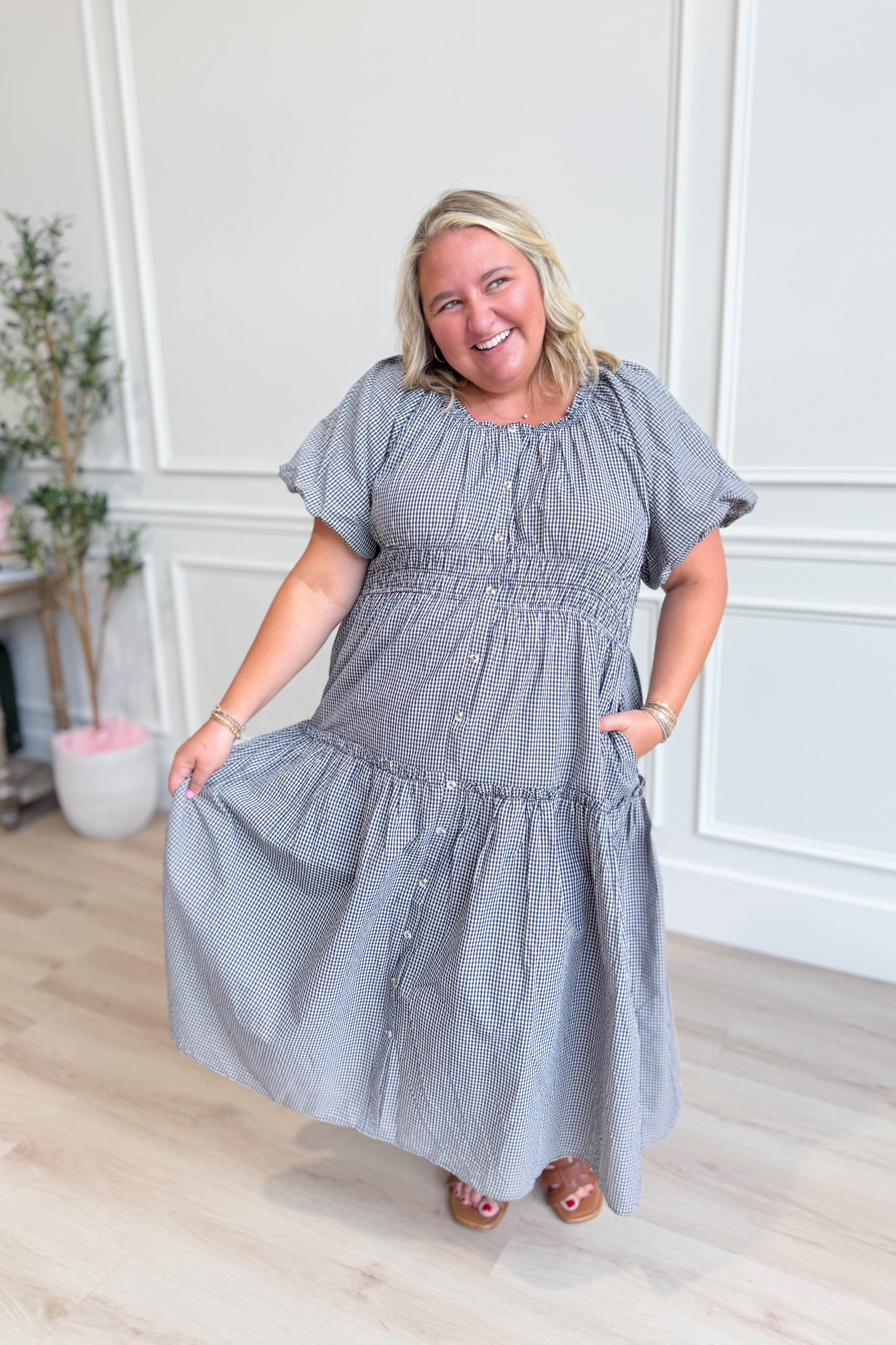 Tyler Gingham Printed Smocked Waist Dress by BAEVELY, showcasing a stylish gingham pattern and fitted smocked waist on a dressy dress.