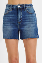 Risen Brady HR Raw Cut Side Slit Denim Shorts in 151 denim, displayed with distressed details and raw hem, available in sizes S to 3XL.