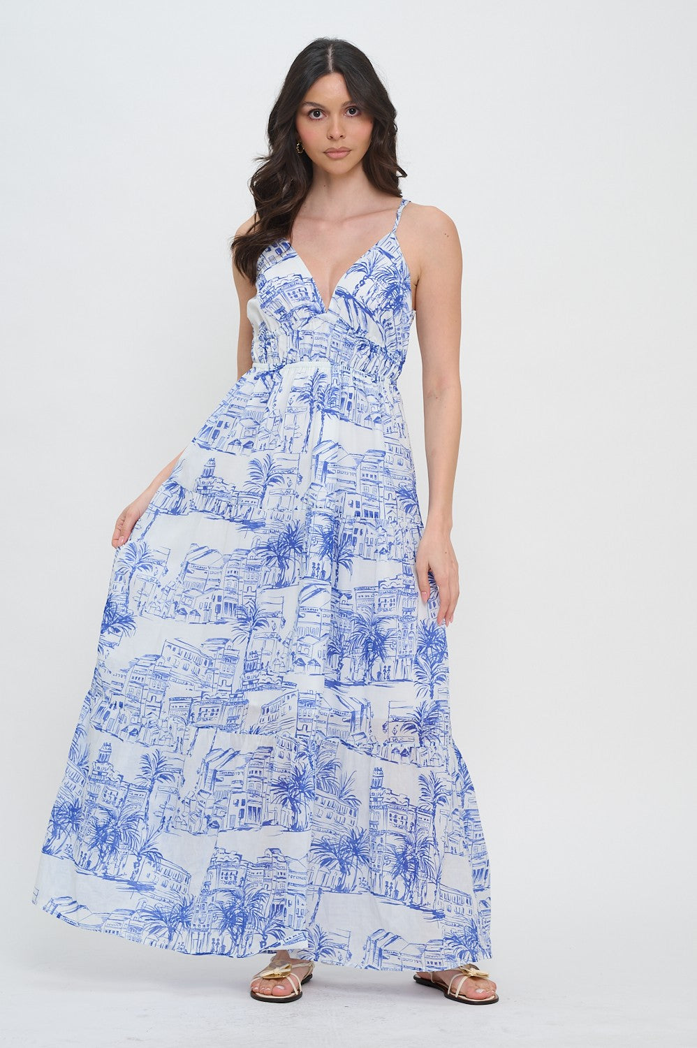 Santorini Coastal Sketch Maxi Dress - Be You Boutique