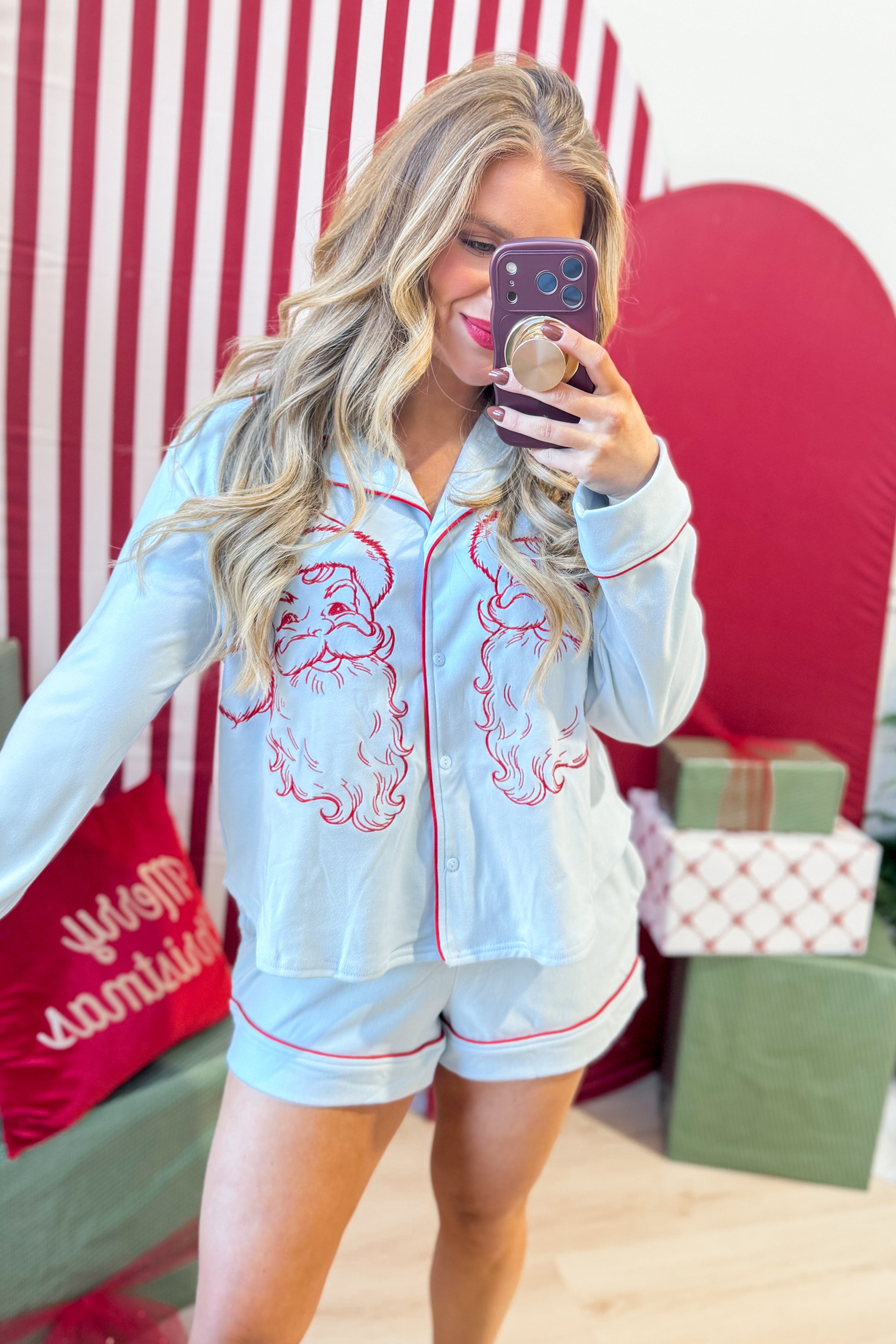 PEACH LOVE Santa embroidered pajama short set with festive Santa design and coordinating shorts