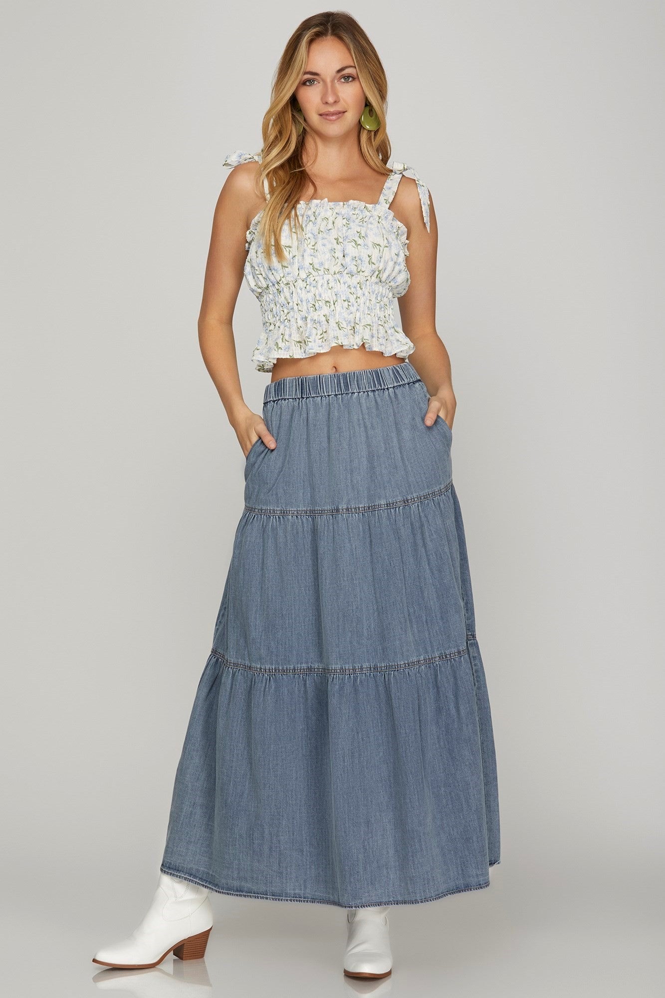 Rebecca Tiered Denim Long Skirt - Be You Boutique