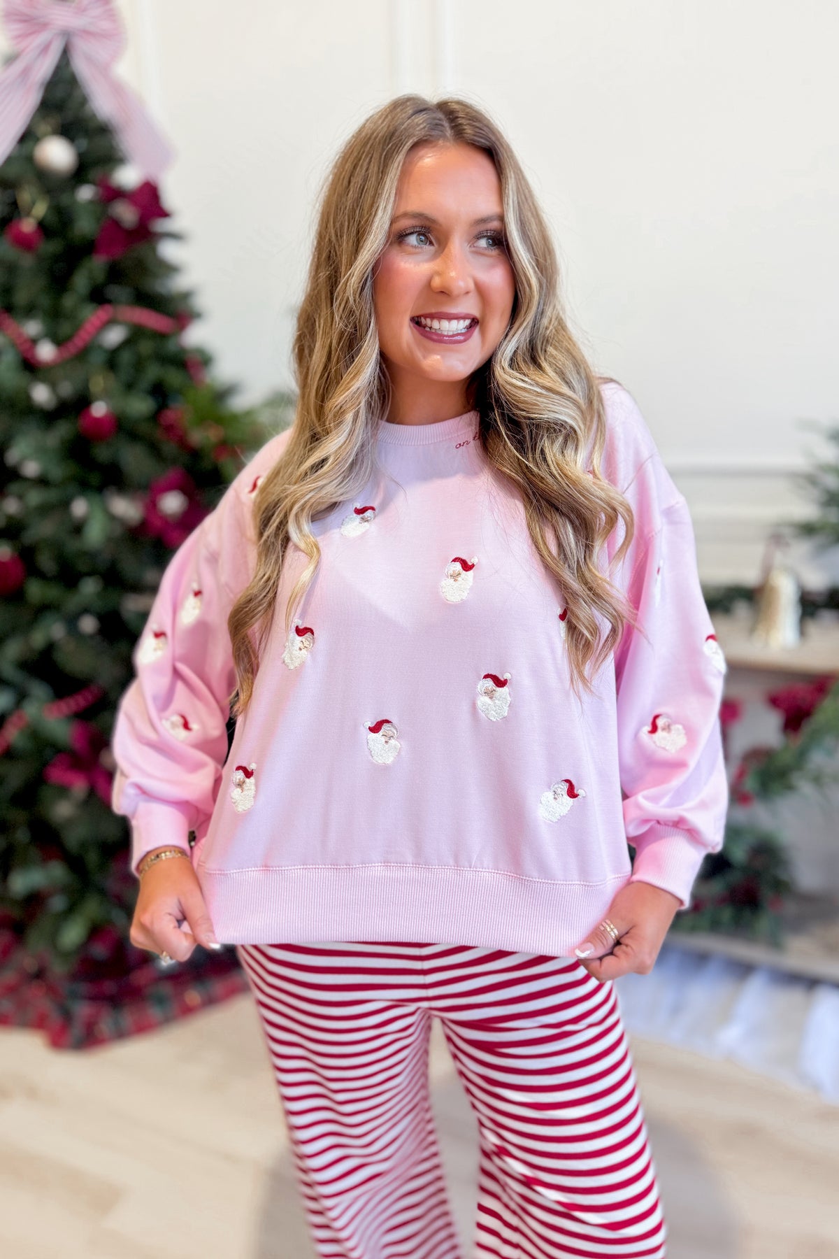 Mary Square Millie pink Santa pullover sweatshirt with festive Santa graphic and cozy long sleeves
