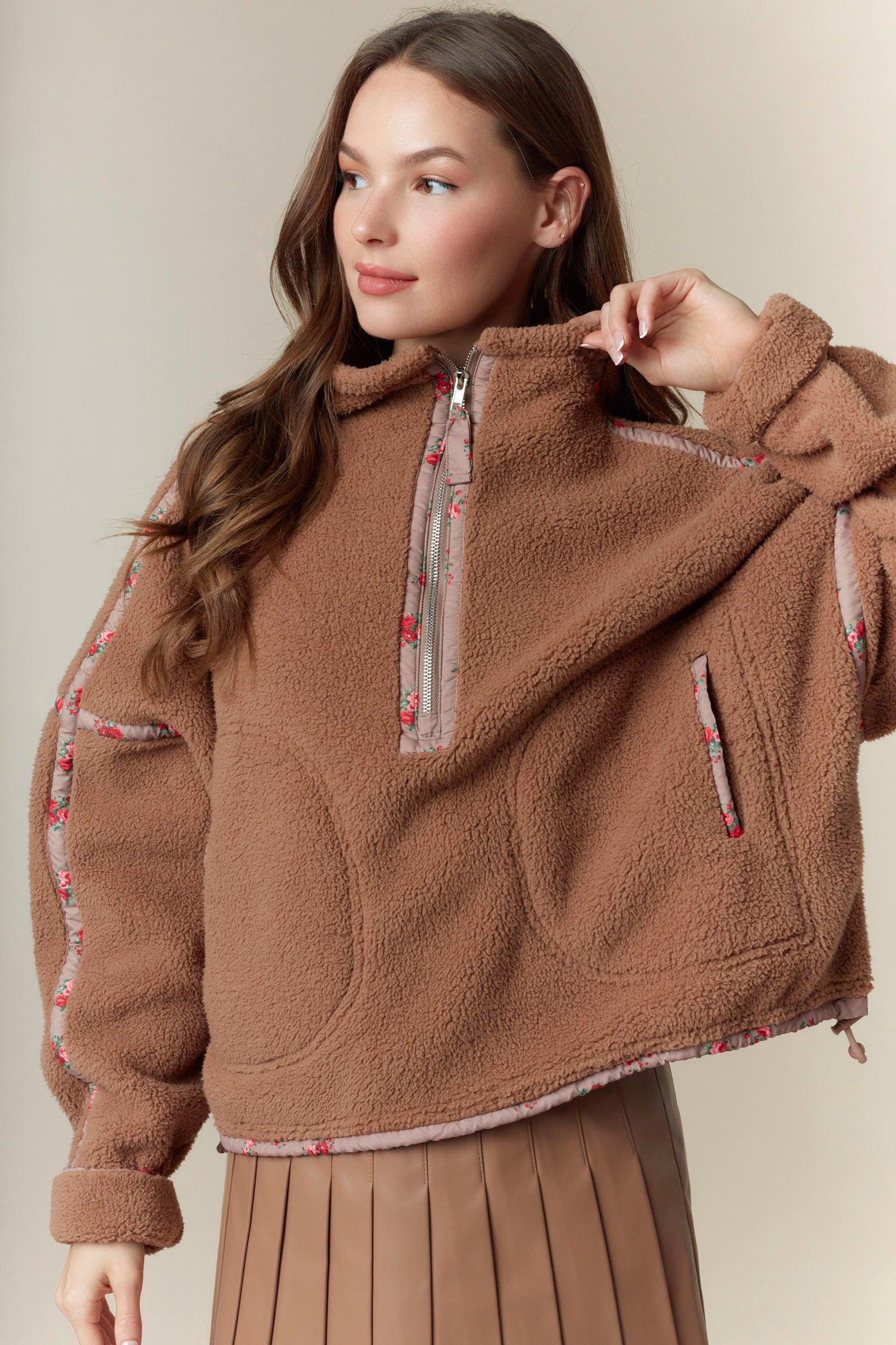 Emmie Ditsy Floral Binding Edge Sherpa Pullover - Be You Boutique