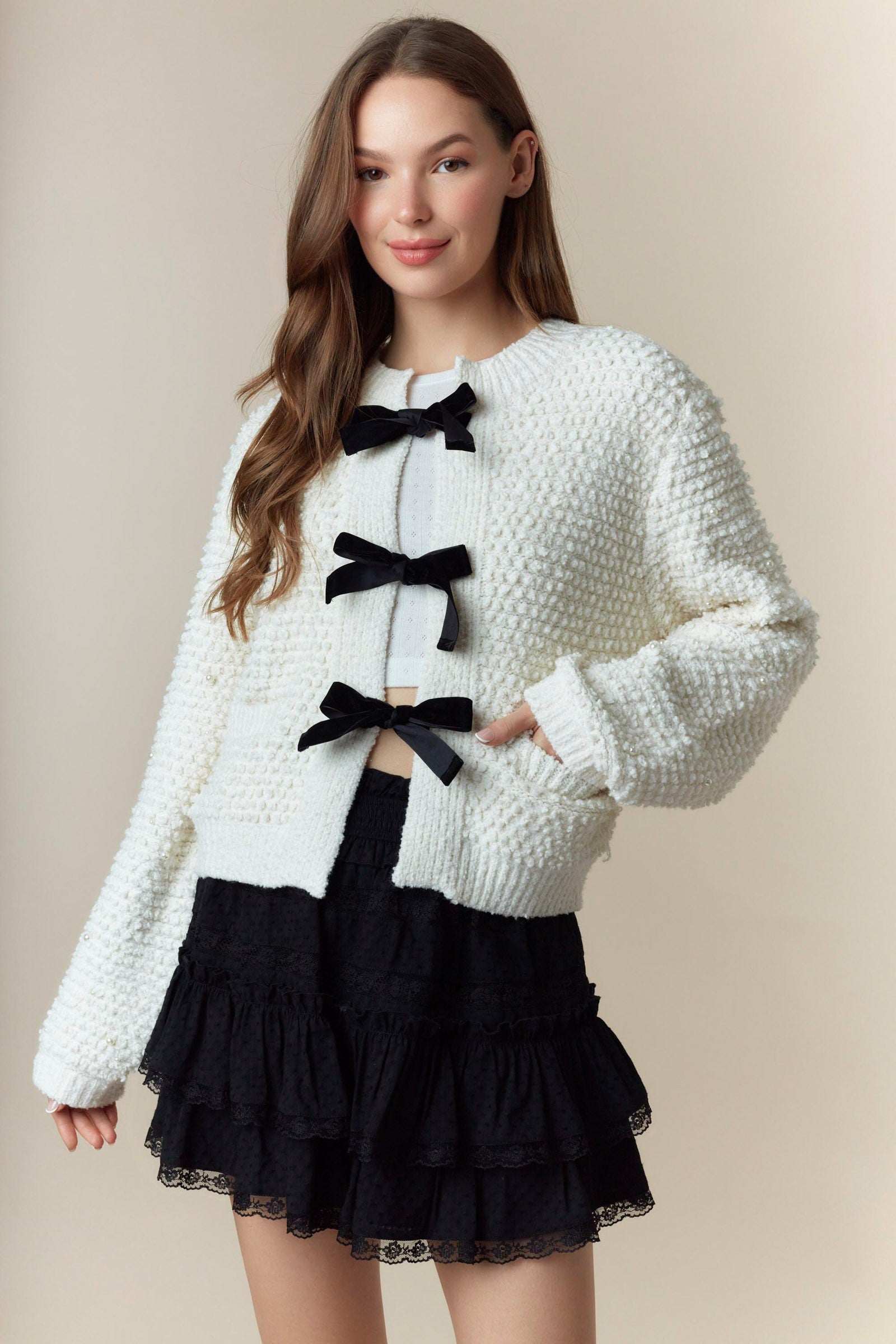 Carrie Pearl Velvet Bow Cardigan - Be You Boutique