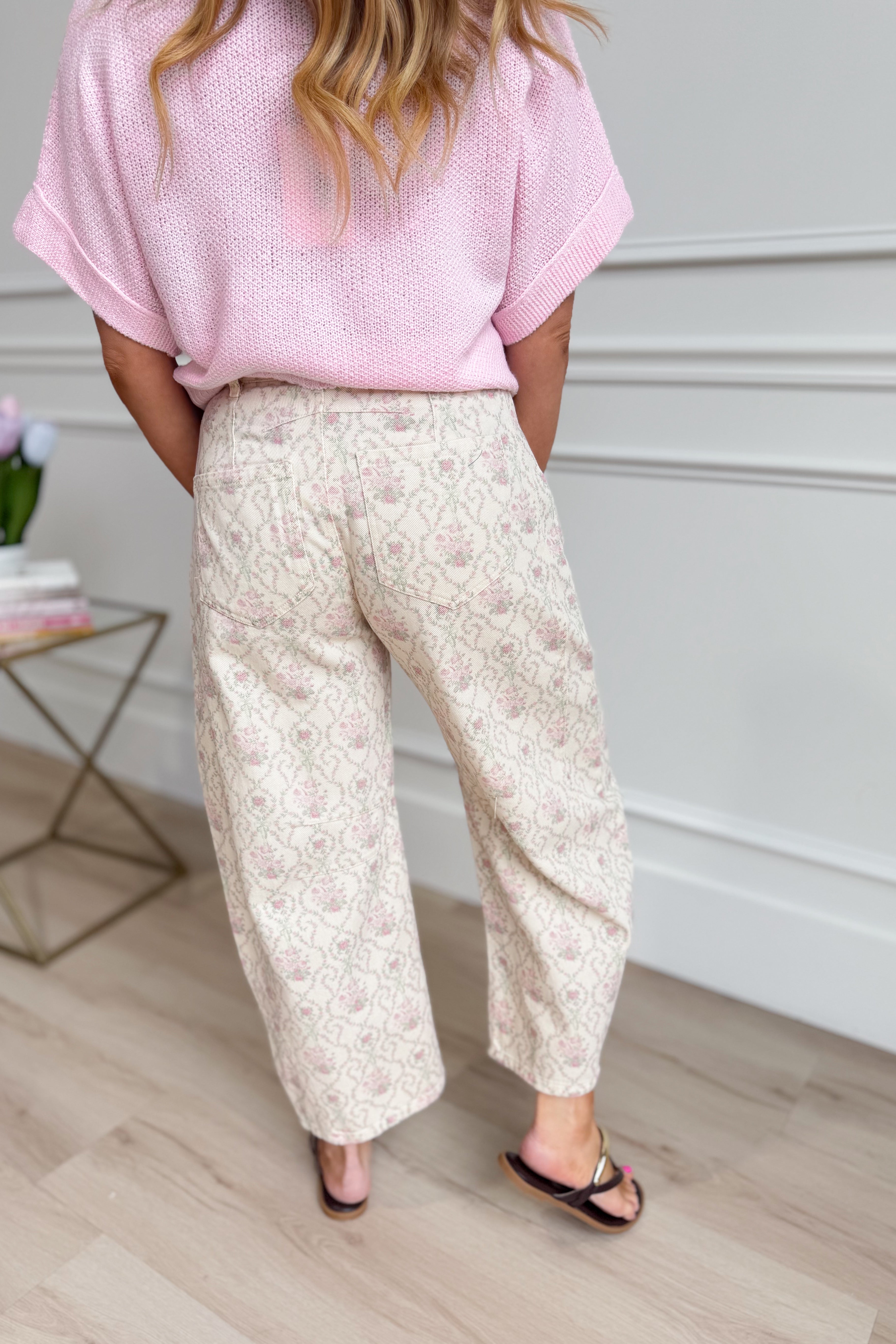 Peach Love Ruth Baroque Floral Twill Barrel Pants from the 147 Novelty Jeans collection, featuring floral patterned twill fabric.