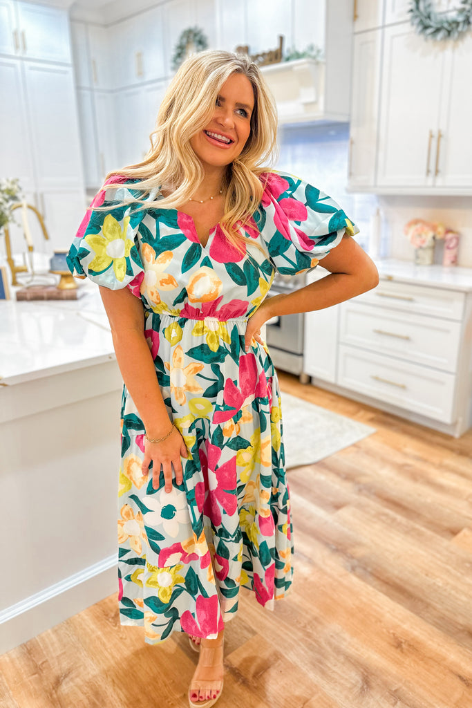 Muncy Floral Print Puff Sleeve Midi Dress - Be You Boutique
