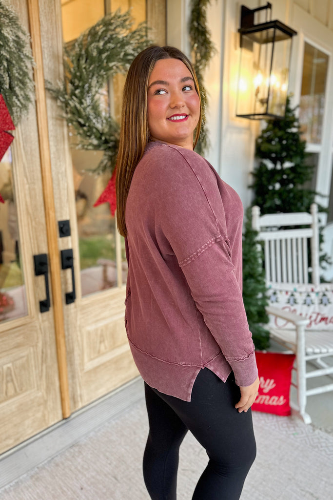 Joey Long Sleeve Mineral Wash Terry Pullover - Be You Boutique