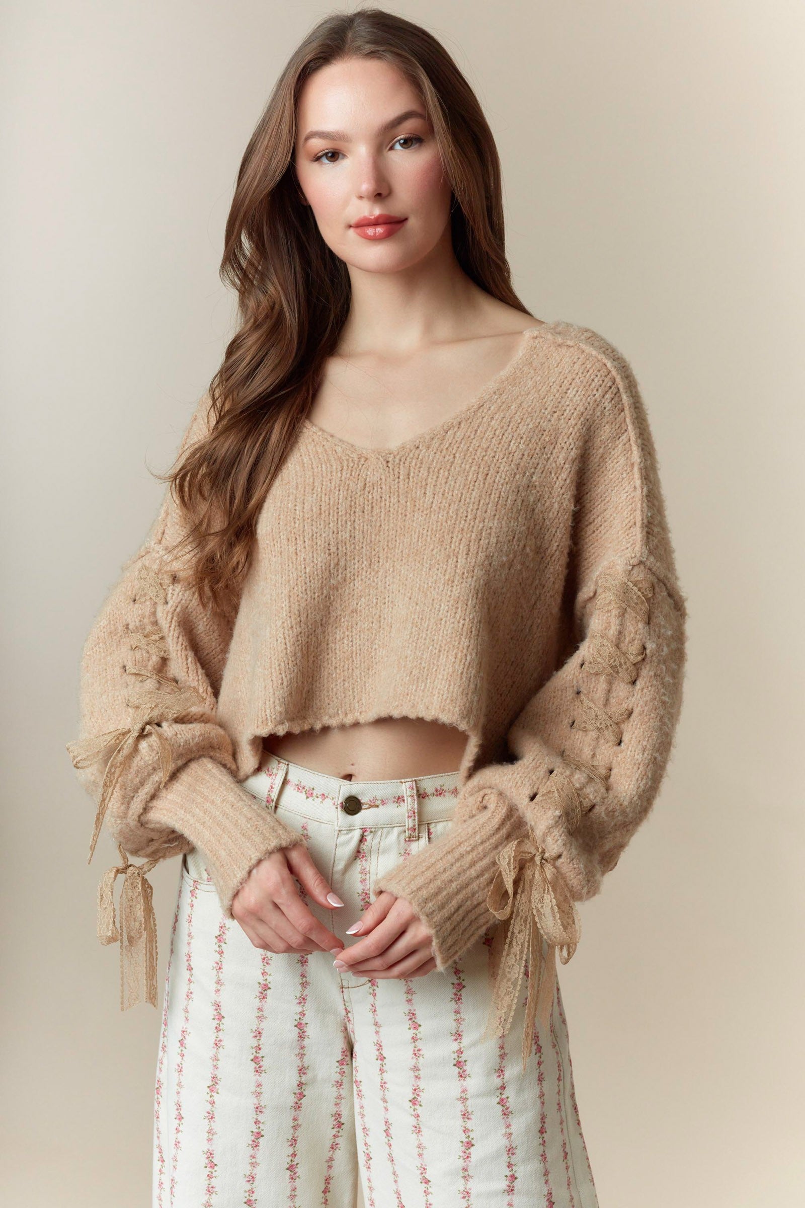 Karen Lace Up Cropped Knitted Sweater - Be You Boutique