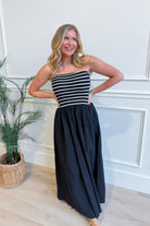 HYFVE Moana striped strapless midi dress featuring a casual, fitted silhouette with bold horizontal stripes and a breezy, summery style.