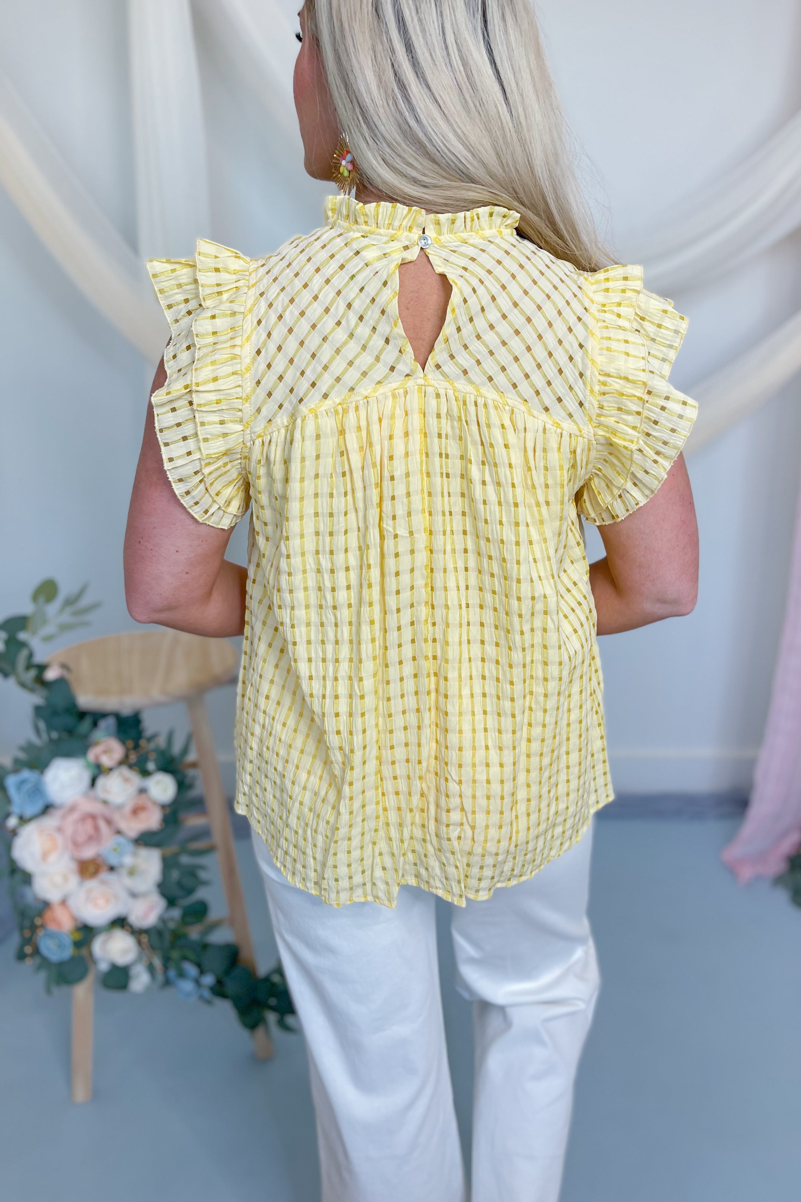 Ashley Checkered Ruffle Neck Top - Lemon - Be You Boutique