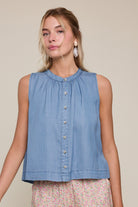Wishlist Cameron denim button-up top, 110 dressy blouse with long sleeves and collar, shown in a casual denim fabric.