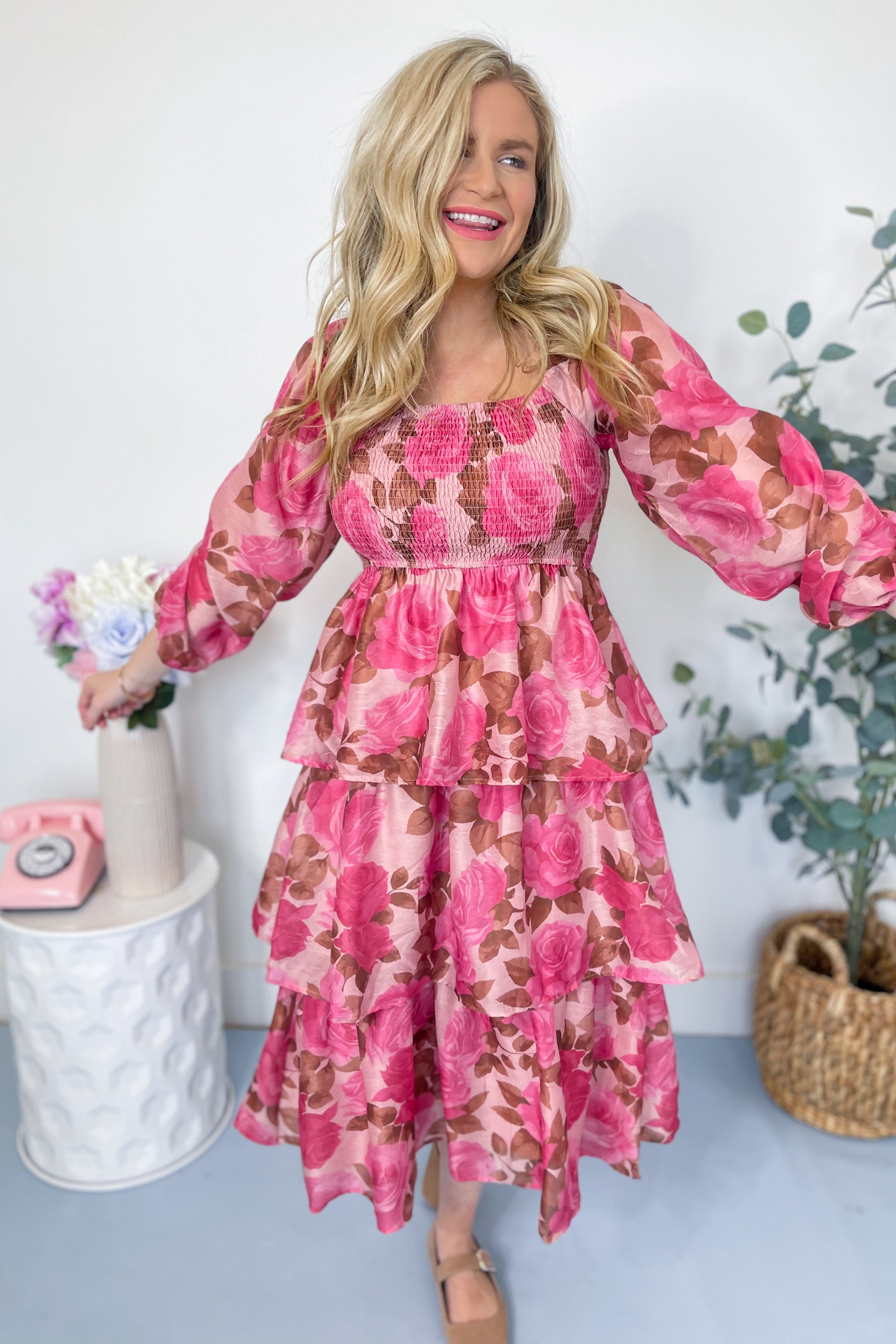 Linda Jacquard Chiffon Rose Printed Tiered Maxi Dress - Be You Boutique