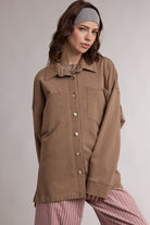 WISHLIST Samme Denim Button Up Shacket in blue, casual outerwear with front buttons and classic denim styling.