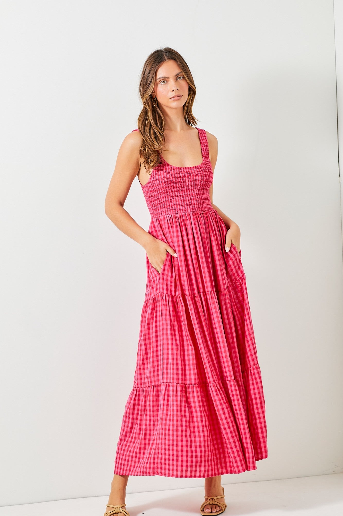 Painter Fuchsia Gingham Midi Dress by BAEVELY, stylish dress with a fitted bodice and flowing skirt featuring vibrant fuchsia gingham pattern.