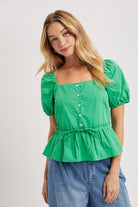 WISHLIST Hayden green peplum puff sleeve top, dressy women's blouse with ruffled sleeves and fitted waist, stylish and elegant.