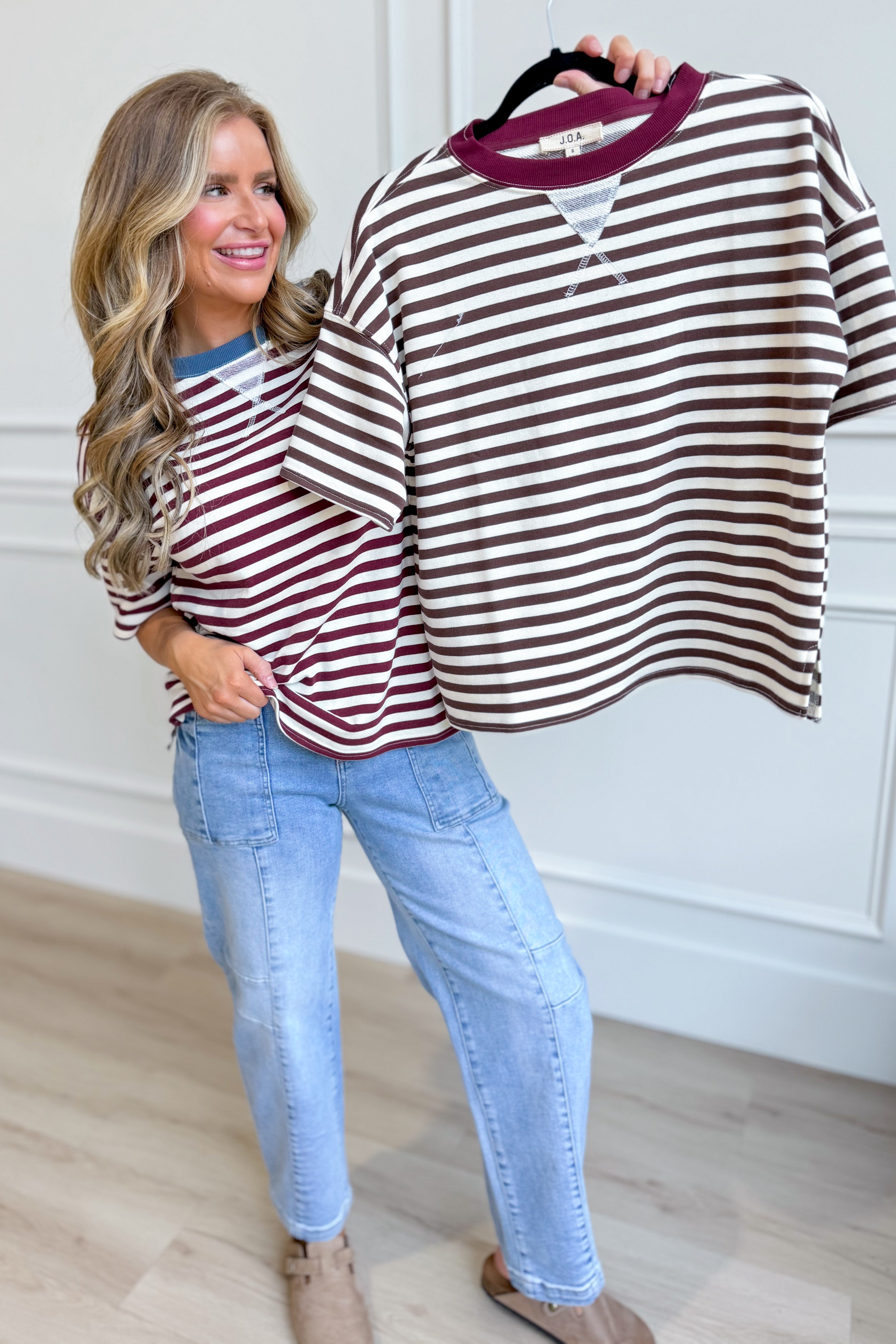 BLU PEPPER Ryan burgundy color block casual top, 105 style, featuring a stylish mixed fabric design and relaxed fit.