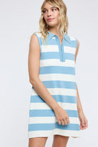 WISHLIST Laura Sky striped casual dress with collar, short sleeves, and knee-length fit, featuring a colorful striped pattern.