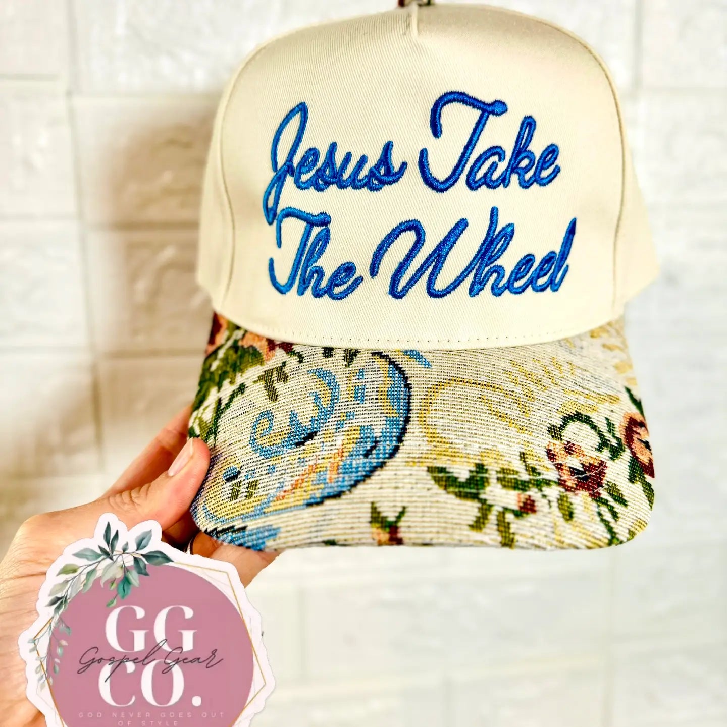 Embroidered Jesus Take The Wheel hat by Gospel Gear Co, 217 hair accessories collection, featuring a stylish cap with religious design.