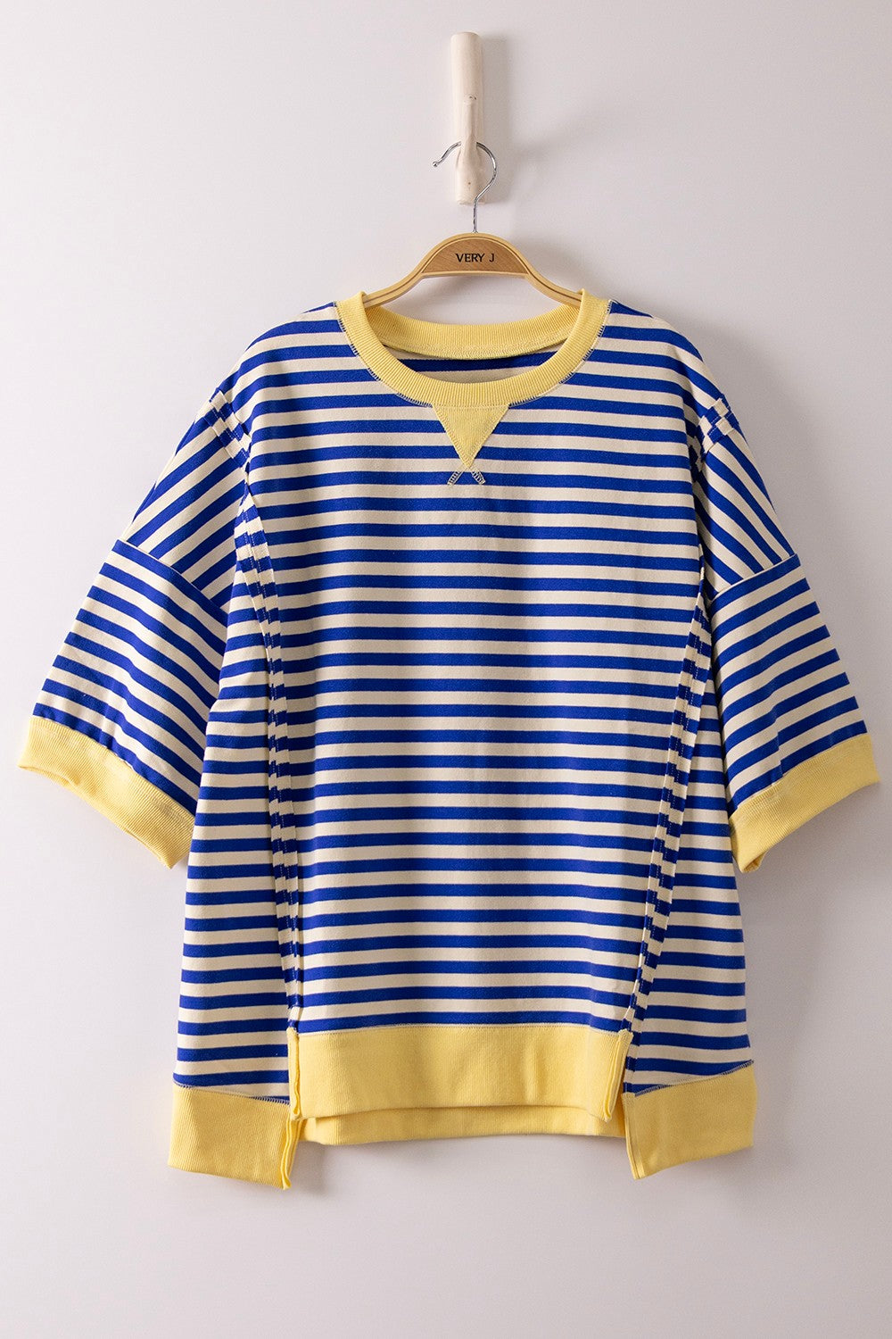 Oscar Blue striped oversized casual top by VERY J, featuring relaxed fit and bold stripe pattern, ideal for casual wear.
