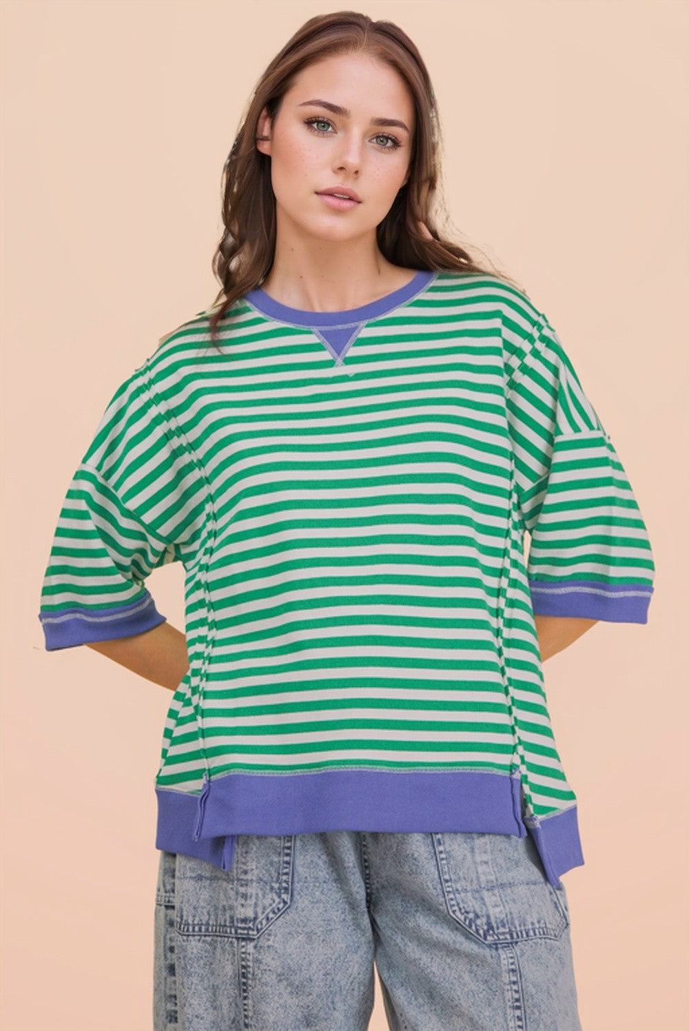 Oscar Kelly green striped oversized casual top from VERY J, featuring bold green and white horizontal stripes and a relaxed fit.