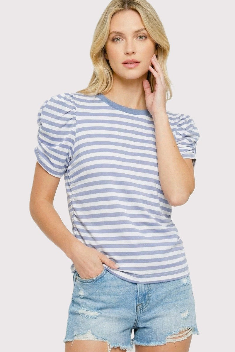 Staccato Terry puff sleeve striped casual top with a relaxed fit, featuring bold horizontal stripes and puffed short sleeves.